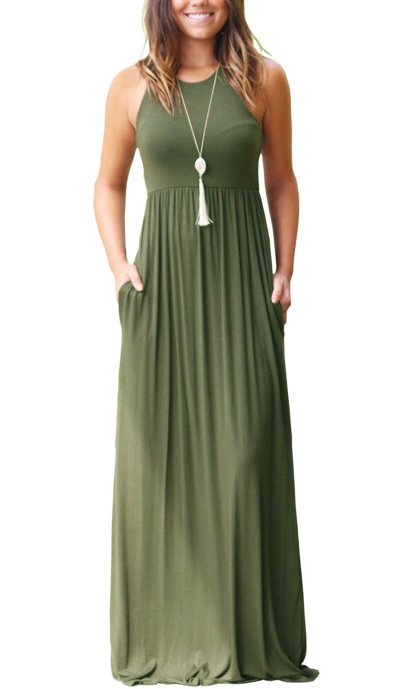 GRECERELLE Women's Summer Sleeveless Casual Long Tank Maxi Dress with Pockets, Army Green, M